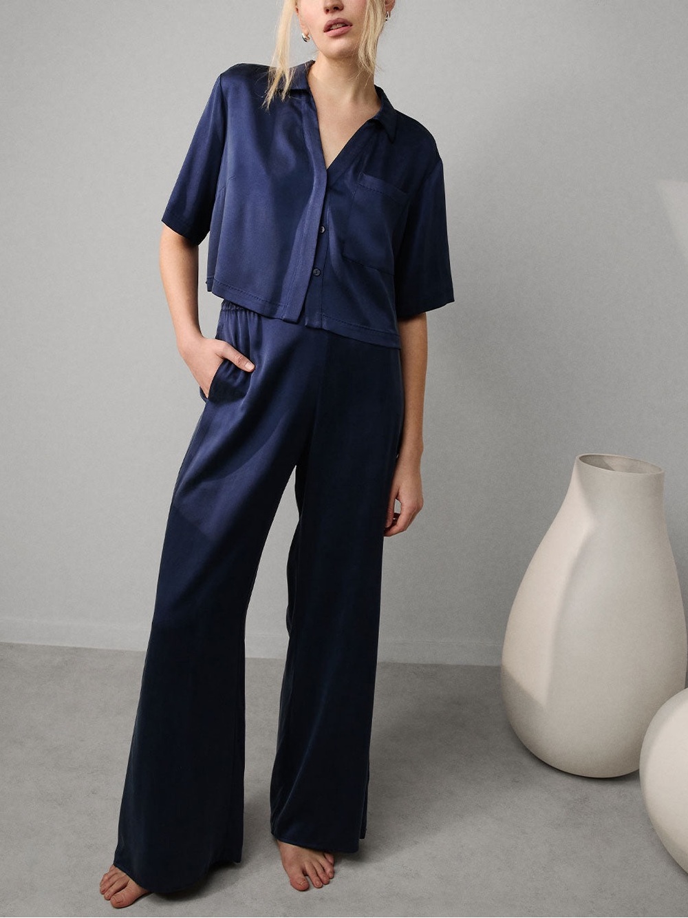 NWT Lunya Washable Silk High Rise Pant Set Deep Blue XL Lounge Silk Quiet Luxury